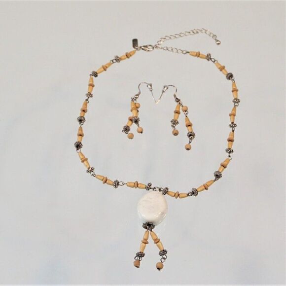 Boho Festival Necklace Earring Set Wood Silver Beads Christina Collection - Picture 8 of 10